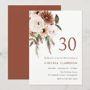 Invitation Terracotta & White Boho Floral 30e fête d'annivers