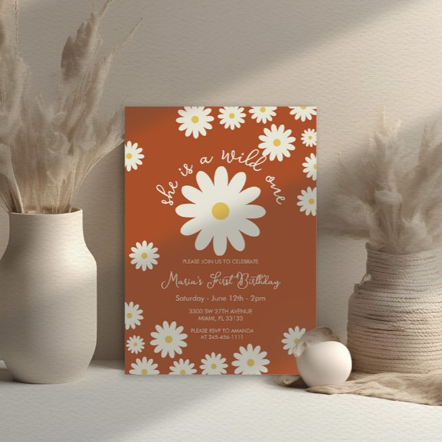Invitation Terracotta White Daisy She is Wild ONE Birthday (Créateur téléchargé)