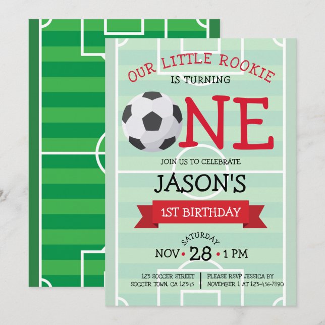 Invitation Terrain de football tendance et Ruban 1er annivers (Devant / Derrière)