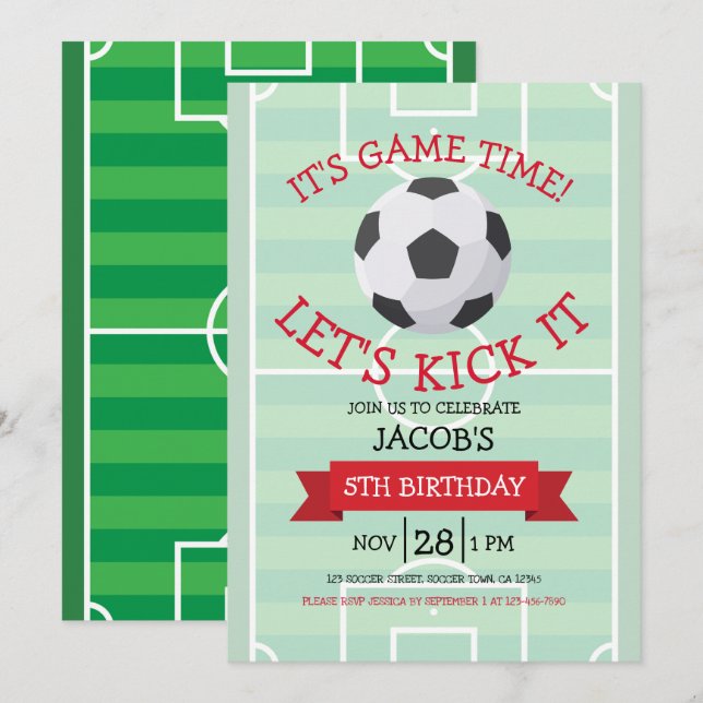 Invitation Terrain de football tendance et ruban Anniversaire (Devant / Derrière)