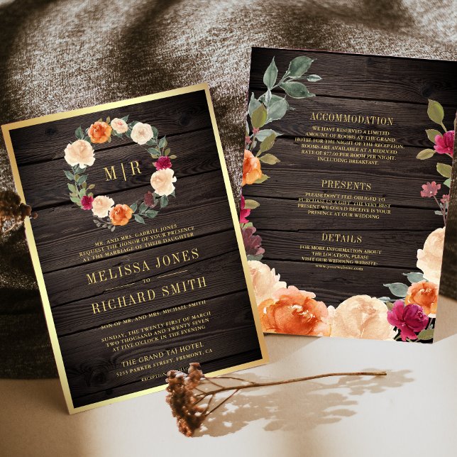 Invitation Terrain fleuri tout en une grange Mariage en bois (Créateur téléchargé)