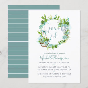 Invitation Terrarium Aquarelle Baby Shower Garçon Succulent