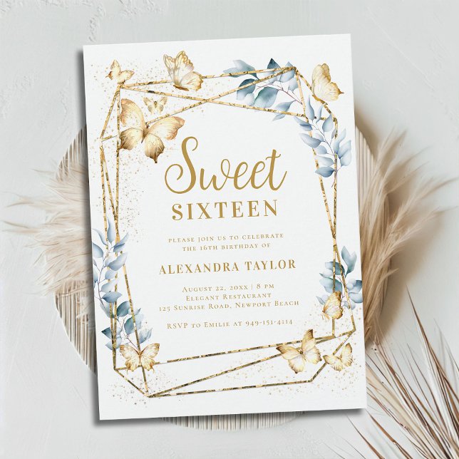 Invitation Terrarium Cadre géométrique Or Papillon doux 16 (terrarium geometric frame border butterflies gold boho chic modern contemporary sweet 16 invitation)