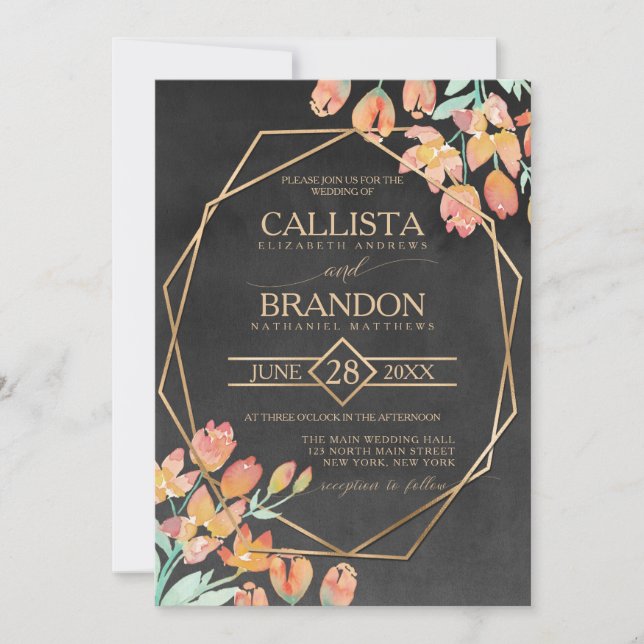 Invitation Terrarium de mariage floral noir or brûlé orange (Devant)