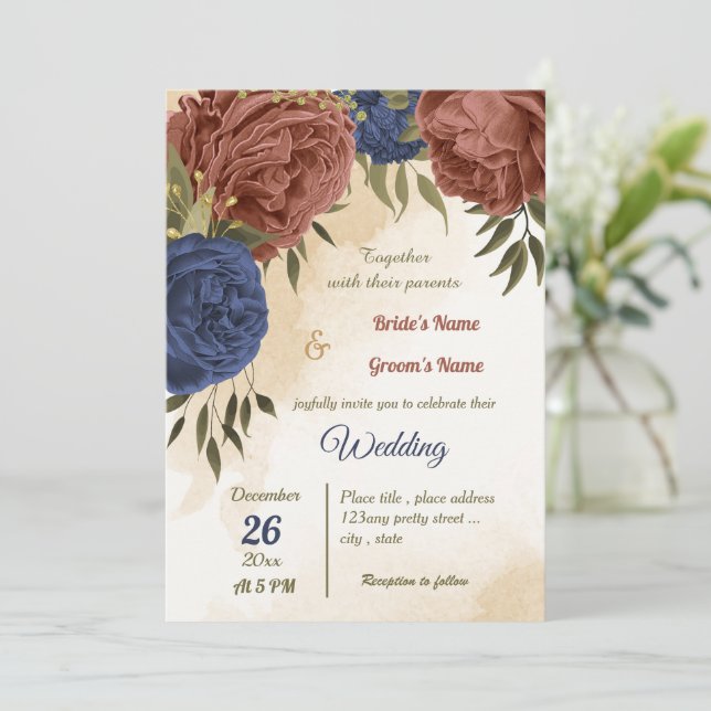 Invitation terre cuite bleu marine fleuri mariage (Debout devant)