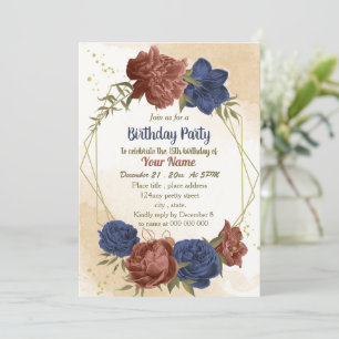 Invitation terre cuite marine bleu floral vert anniversaire