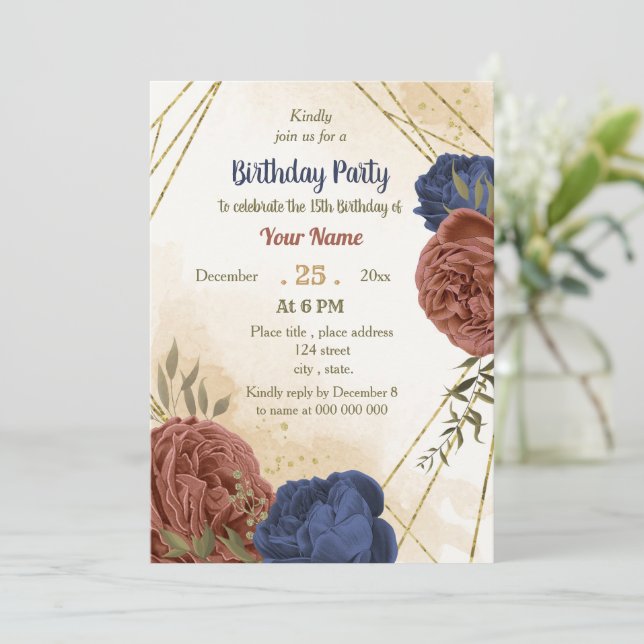 Invitation terre cuite marine bleu floral vert anniversaire (Debout devant)