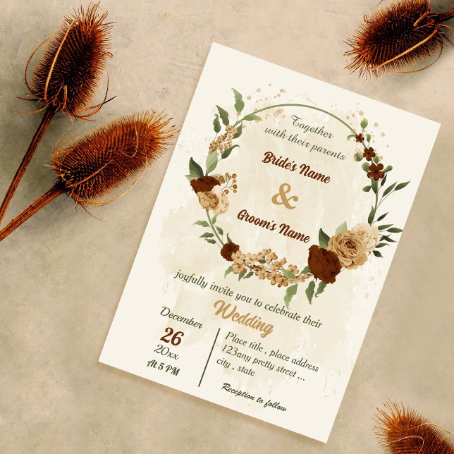 Invitation terre cuite tonalité de terre mariage vert fleuri (Créateur téléchargé)