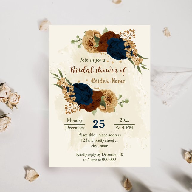 Invitation terre cuite tonalité marine fleurie douche nuptial (Créateur téléchargé)