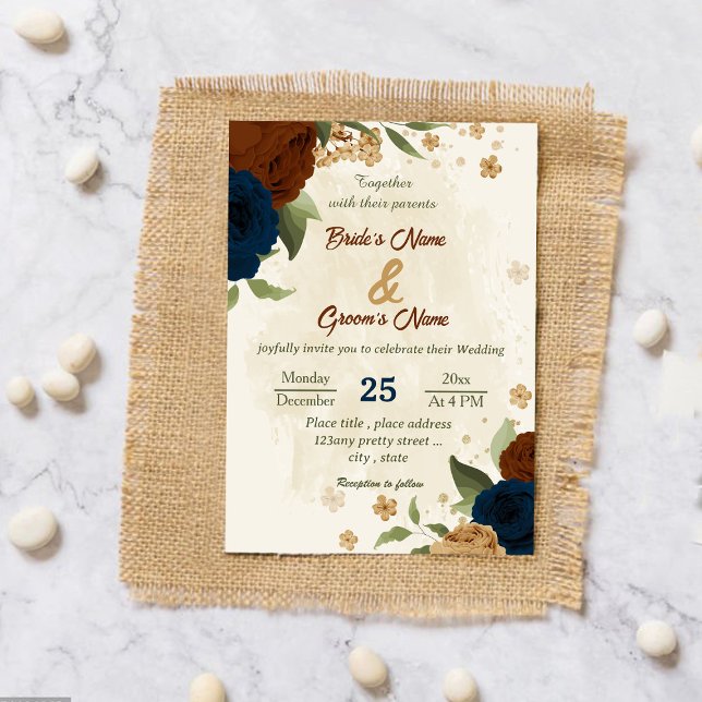 Invitation terre cuite tonalité marine floral vert mariage (Créateur téléchargé)