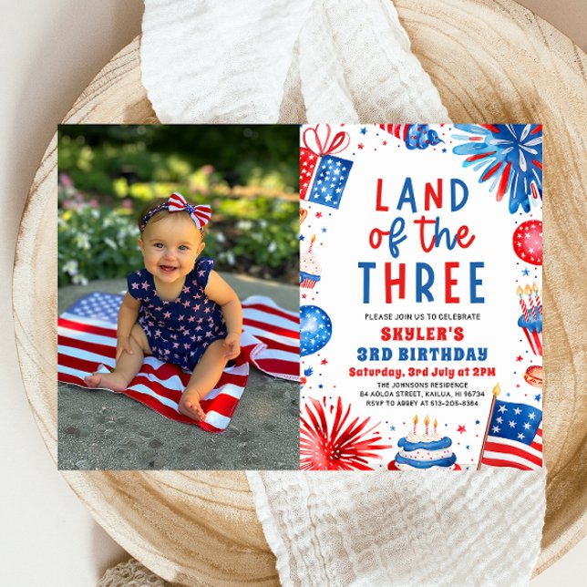 Invitation Terre des Trois 4 juillet 3e anniversaire (Watercolor Fireworks Patriotic 4th of July Land of the Three 3rd Birthday Invitation)
