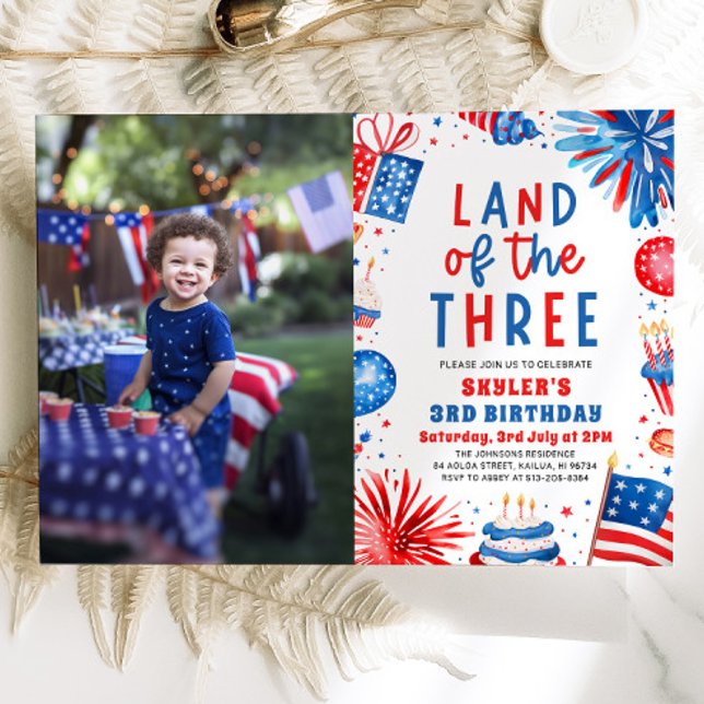 Invitation Terre du Trois 4 Juillet Patriotique 3ème Annivers (Watercolor Fireworks Patriotic 4th of July Land of the Three 3rd Birthday Invitation)