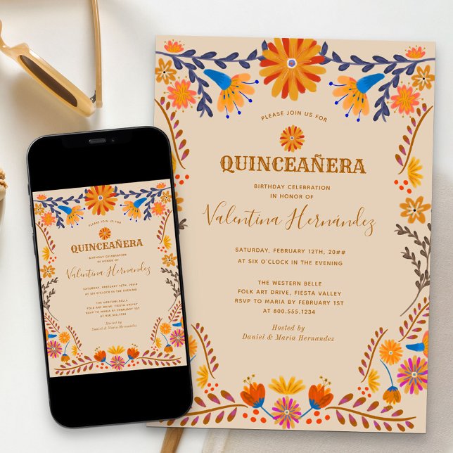 Invitation Terre Florale Mexicaine Quinceanera Invitati (Western style Quinceanera invitation with folk art flowers from my Mexican Floral collection)