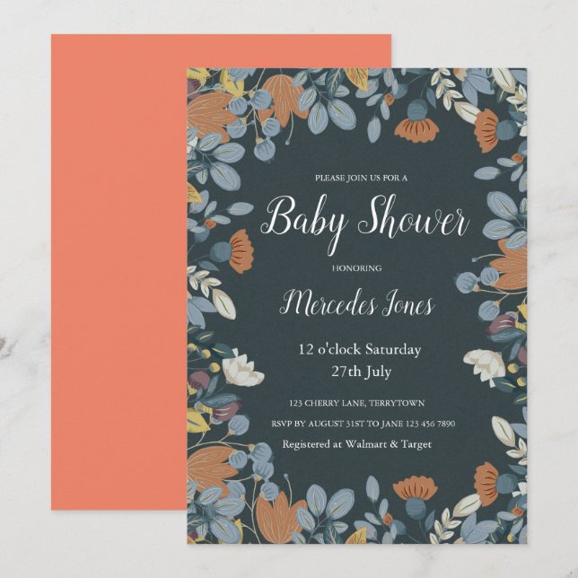 Invitation Terre Scandinave Nordic Folk Art Floral (Devant / Derrière)