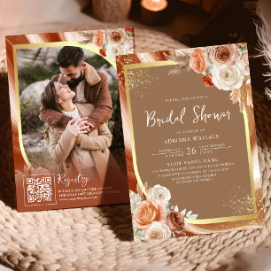 Invitation Terrracotta Fleurs Beige Or Code QR Réception de M