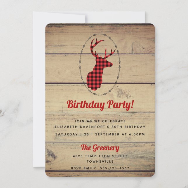 Invitation Tête de cerf avec Antlers - Red Plaid Rustic Anniv (Devant)