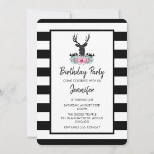 Invitation Tête de cerf noir avec bouquet de fleurs roses pou