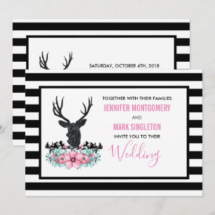 Invitation Tête de cerf noir avec Fleurs roses et Mariage de