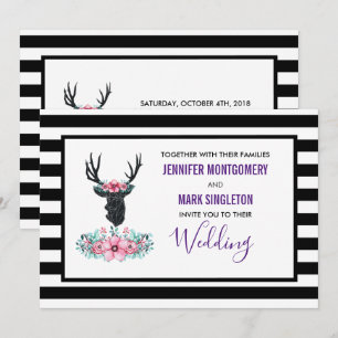 Invitation Tête de cerf noir avec Mariage de fleurs roses