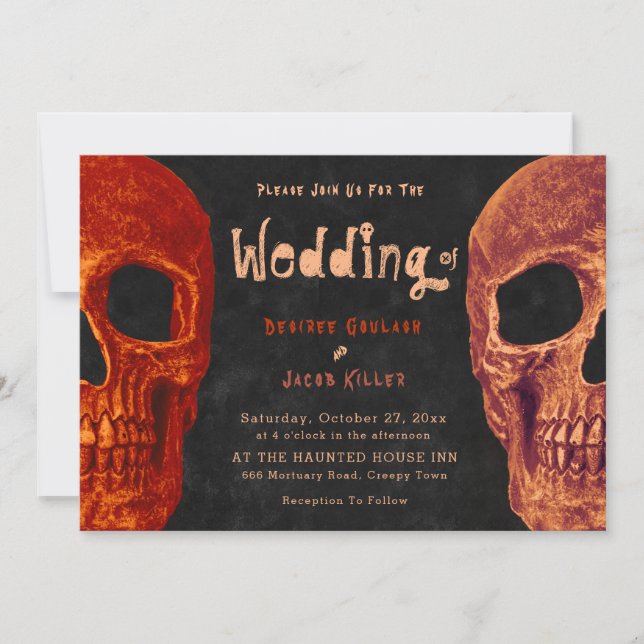Invitation Tête de crâne gothique Mariage d'Halloween noir or (Devant)