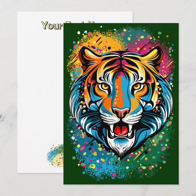 Invitation Tête de tigre couleurs arc-en-ciel peinture taches (Devant / Derrière)