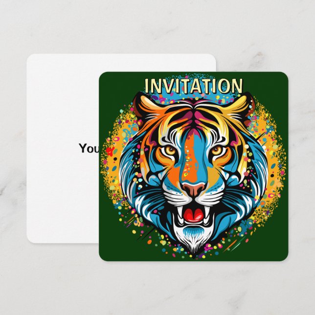 Invitation Tête de tigre couleurs arc-en-ciel peinture taches (Devant / Derrière)