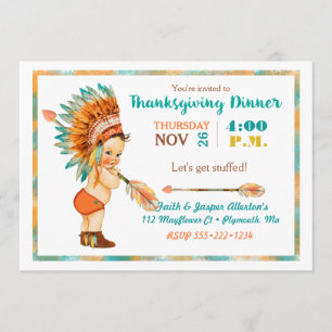 Invitation Tête Tribale Vintage de Petit Garçon pour Thanksgi