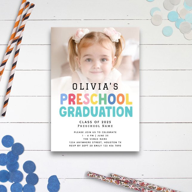 Invitation Texte Coloré Photo Préscolaire Graduation (main view)