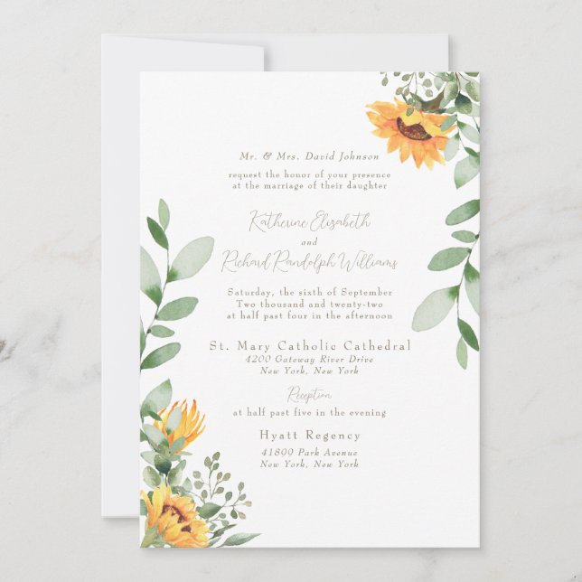 Invitation Texte d'or de la mariée Mariage de tournesol (Devant)