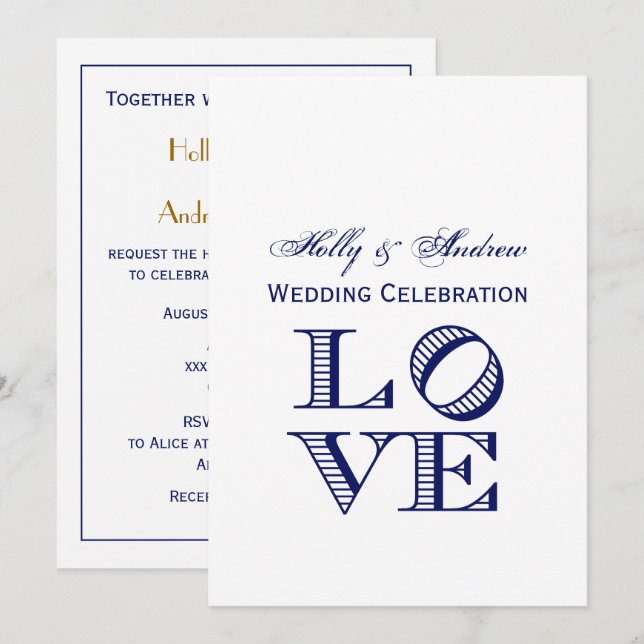 Invitation Texte graphique LOVE - Bleu (Devant / Derrière)