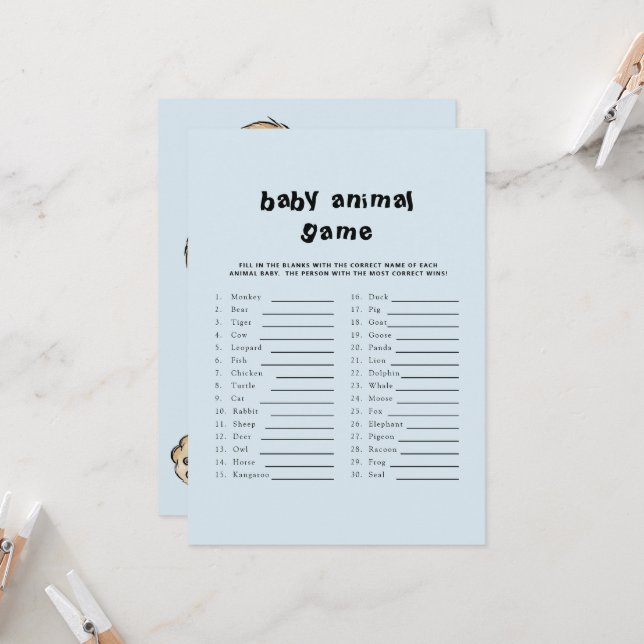 Invitation Texte mignon Baby shower Bébé Animal Jeu Bleu (Devant/Arrière en situation)