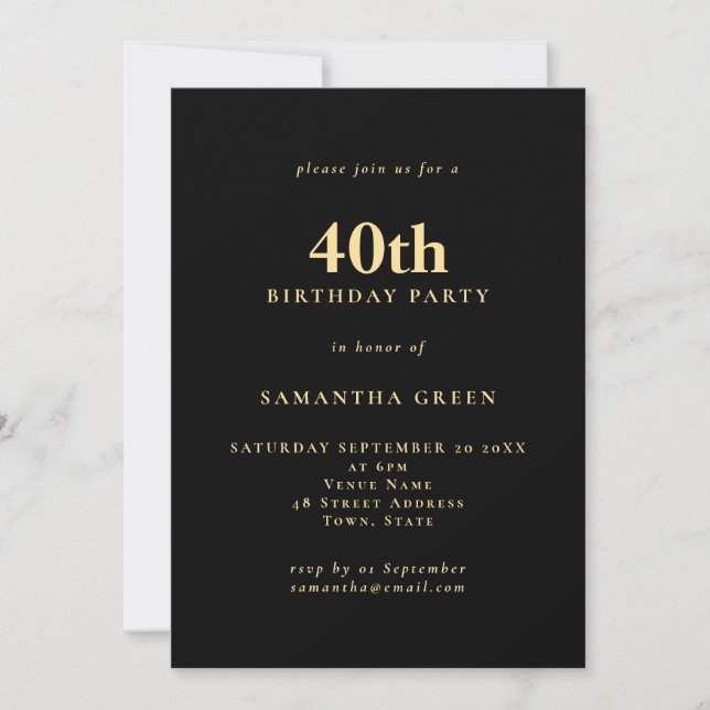 Invitation Texte minimaliste Gold Noir 40e fête d'anniversair (Devant)
