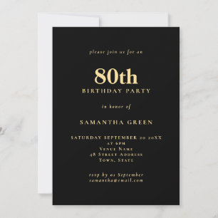 Invitation Texte minimaliste Gold Noir 80e fête d'anniversair