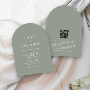 Invitation Texte minimaliste QR Code Sage Green Arch Mariage