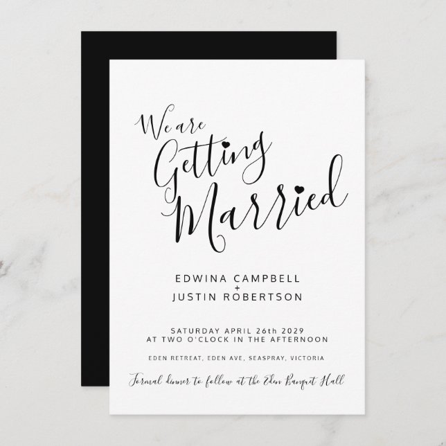 Invitation Texte simple en noir mono sur mariage blanc (Devant / Derrière)