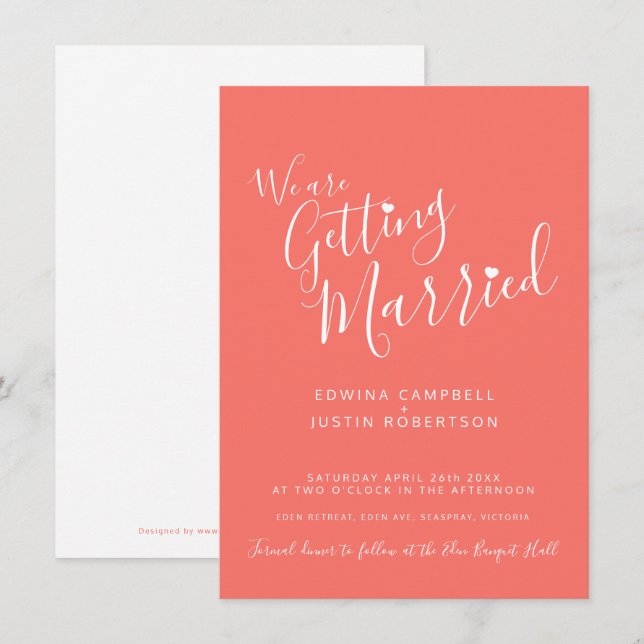 Invitation Texte simple et coeur corail blanc mariage invite (Devant / Derrière)