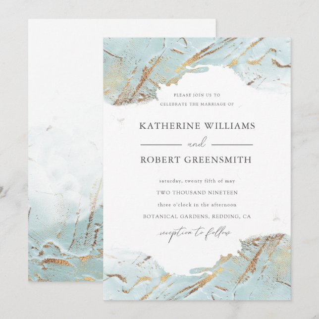 Invitation texturé bleu or faux feuille élégant Mariage (Devant / Derrière)