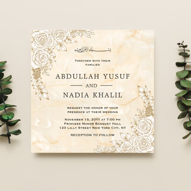 Invitation Texture de marbre dentelle florale Mariage musulma (Créateur téléchargé)