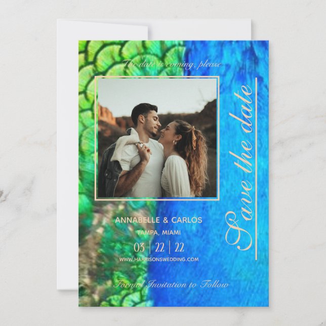 Invitation Texture de plume verte bleue de paon Mariage d'été (Devant)