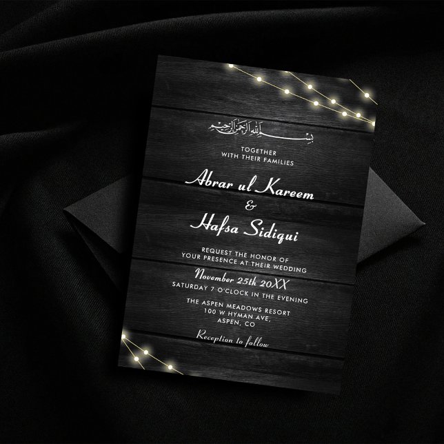 Invitation Texture en bois noir blanc Mariage musulman Monogr (Créateur téléchargé)