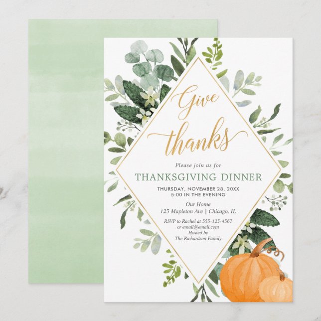 Invitation Thanksgiving Dîner verdoyant or feuille vert (Devant / Derrière)