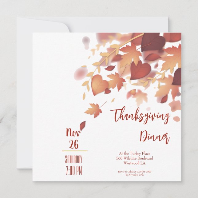 Invitation Thanksgiving Fall Leaves Love Diner d'Amour Invita (Devant)