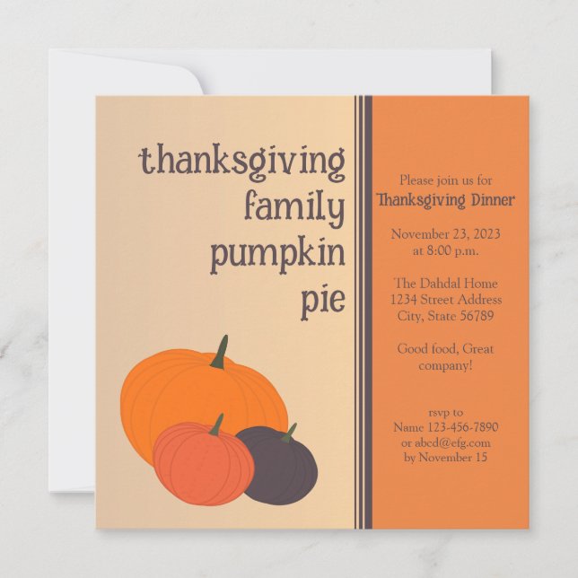 Invitation Thanksgiving Family Citrouille Pie, Dîner De Vacan (Devant)