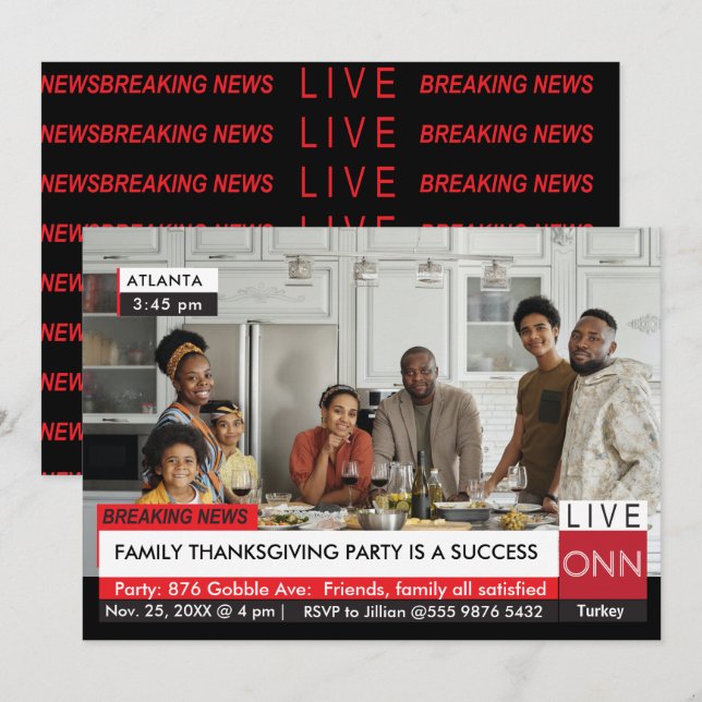 Invitation Thanksgiving Family Party Rompre TV News Value (Devant / Derrière)