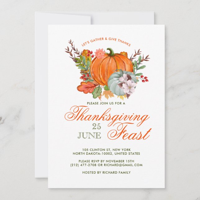 Invitation Thanksgiving Fest Dîner Russe Citrouille (Devant)