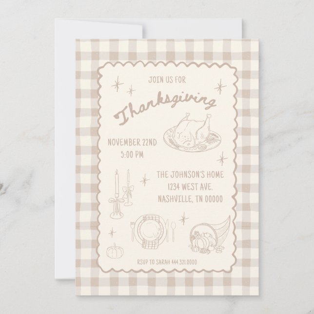 Invitation Thanksgiving Gingham Tan Neutral Aesthetic (Devant)