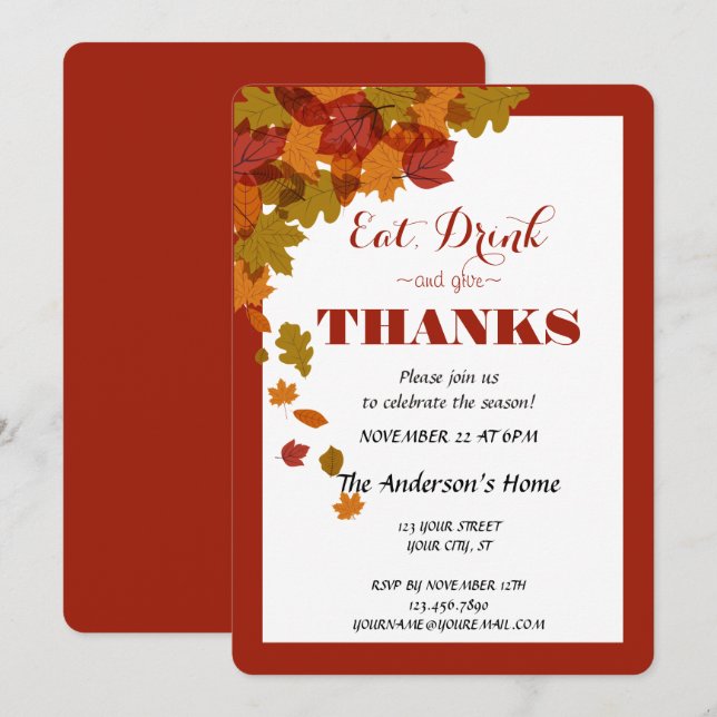 Invitation Thanksgiving Mangez Boire et Donnez Merci Feuilles (Devant / Derrière)