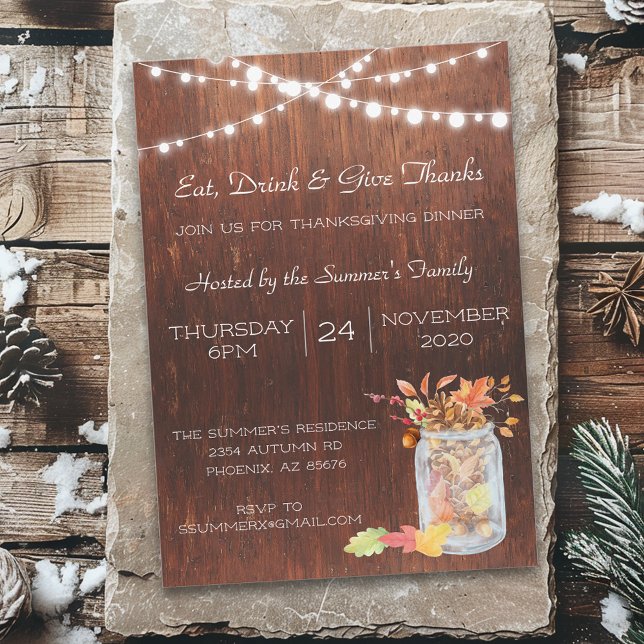 Invitation Thanksgiving Mason Jar illumine bois rustique (Créateur téléchargé)