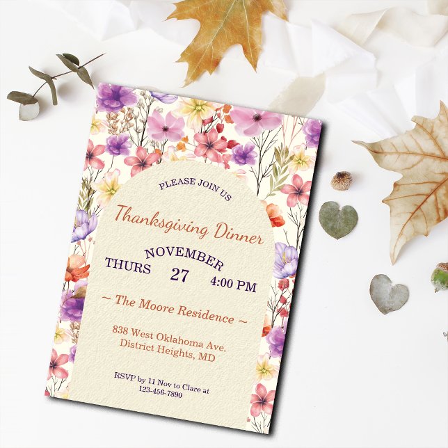 Invitation Thanksgiving Romantic Watercolor Florals Custom (Créateur téléchargé)