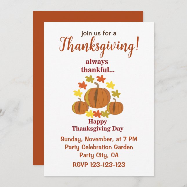 Invitation Thanksgiving Thanksgiving Citrouille Automne Thank (Devant / Derrière)